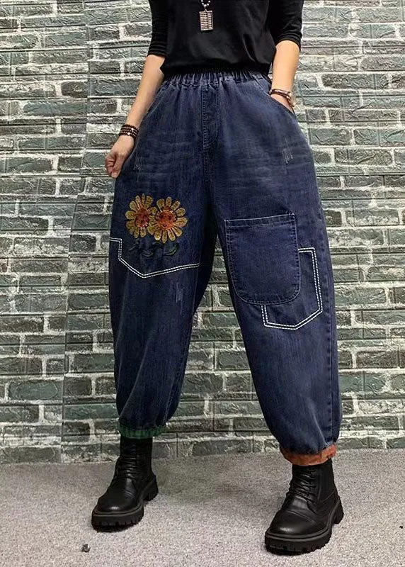 Beautiful Blue Embroideried Patchwork Elastic Waist Denim Crop Pants