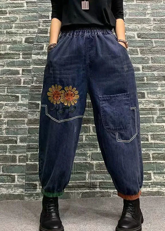 Beautiful Blue Embroideried Patchwork Elastic Waist Denim Crop Pants