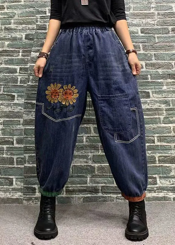 Beautiful Blue Embroideried Patchwork Elastic Waist Denim Crop Pants