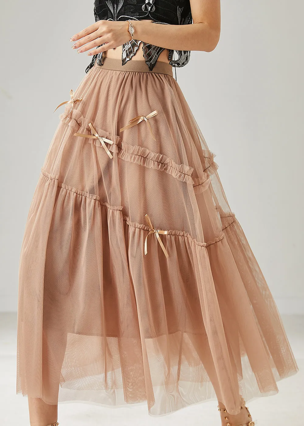 Beautiful Khaki Bow Ruffled Tulle Skirts Summer AZ1015