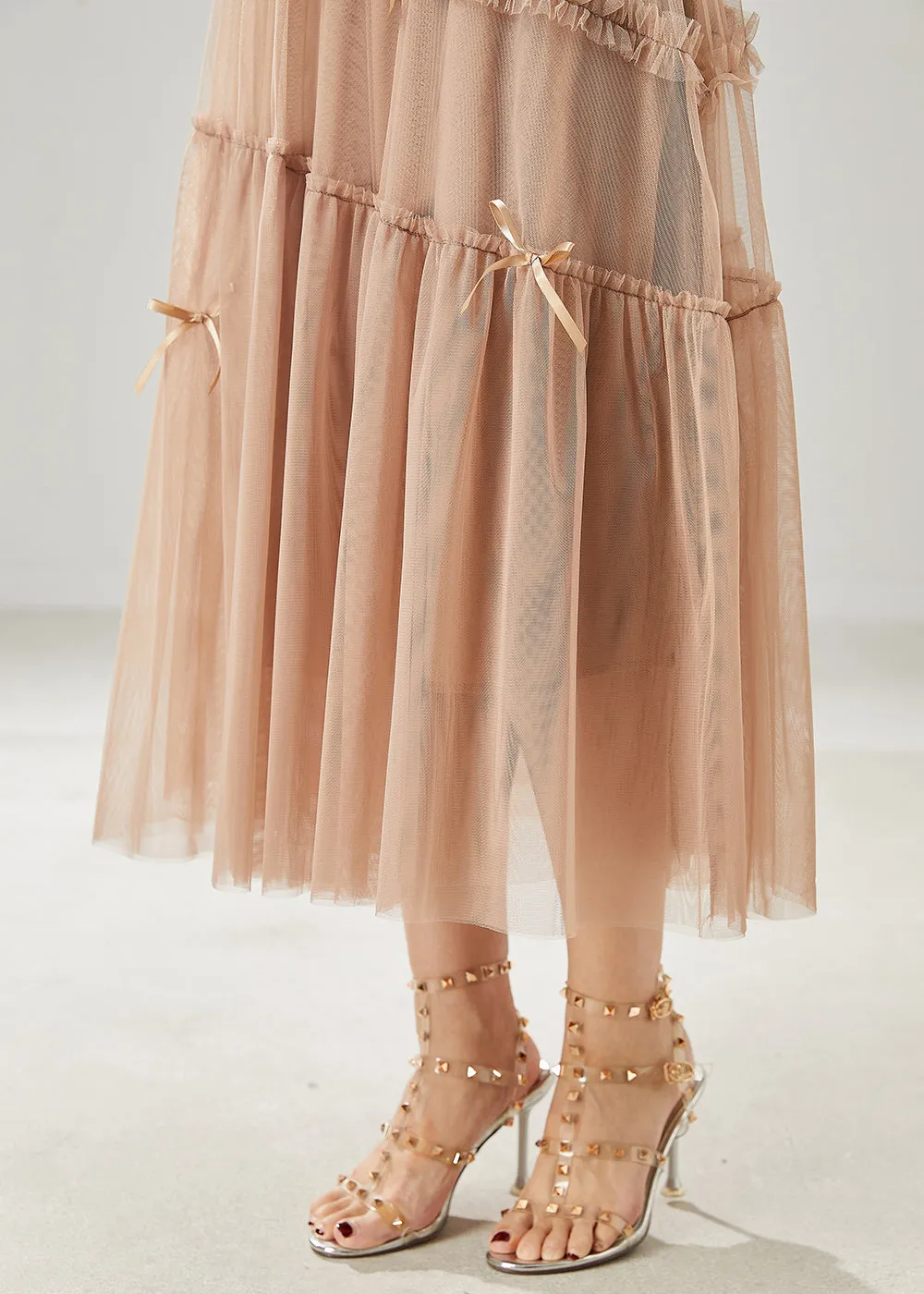 Beautiful Khaki Bow Ruffled Tulle Skirts Summer AZ1015