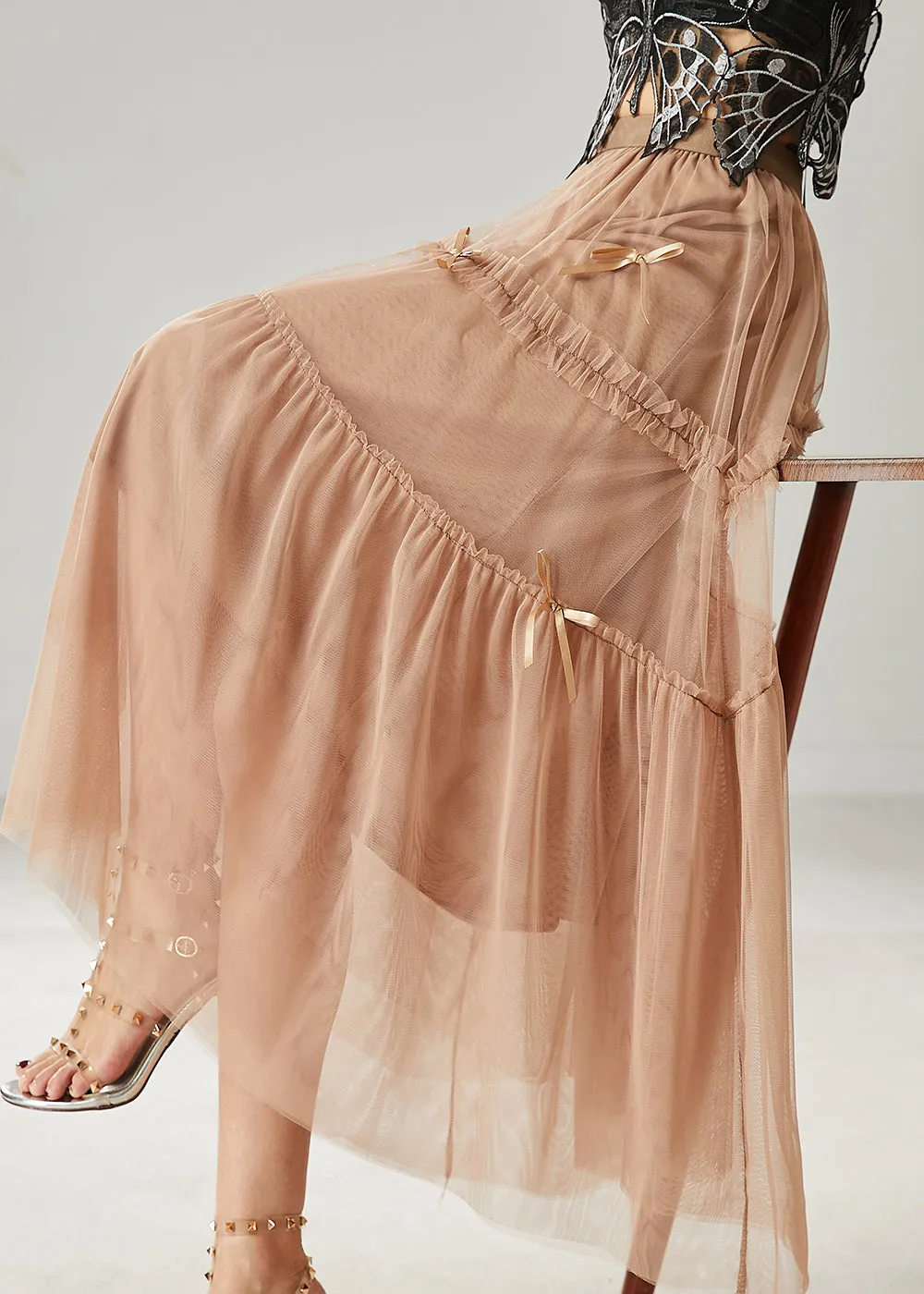 Beautiful Khaki Bow Ruffled Tulle Skirts Summer AZ1015