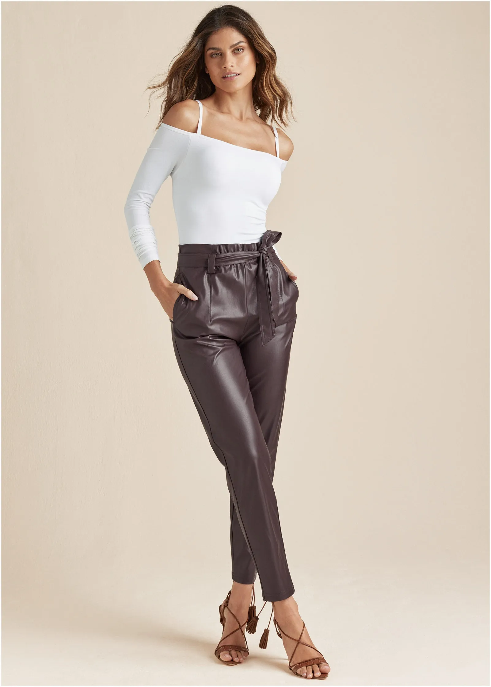 Belted Faux-Leather Pants - Dark Brown