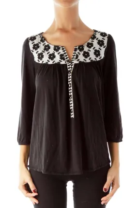 Black Cream Embroidered Peasant Top