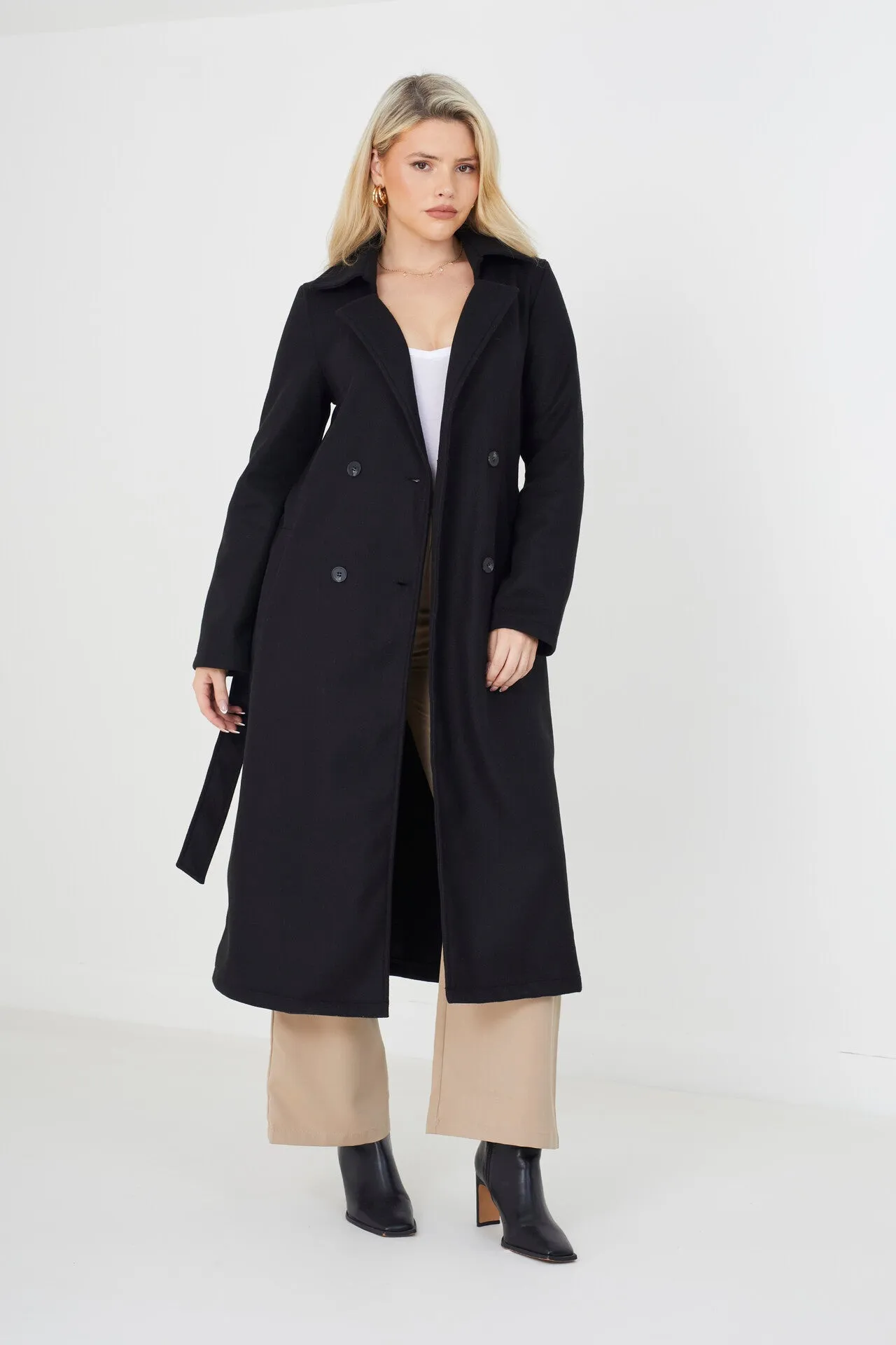 BLACK FAUX WOOL DOUBLE BREASTED MAXI JACKET