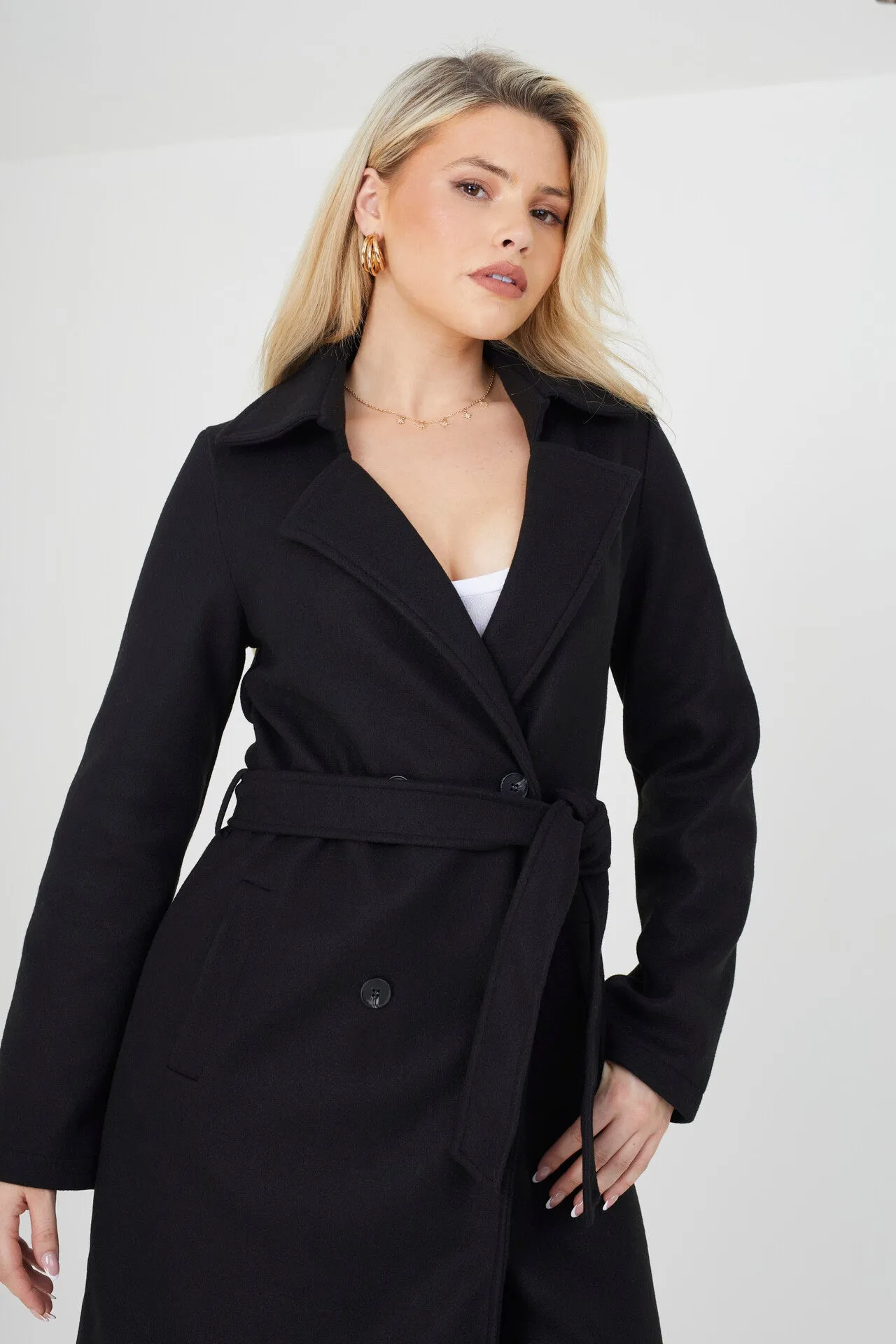 BLACK FAUX WOOL DOUBLE BREASTED MAXI JACKET