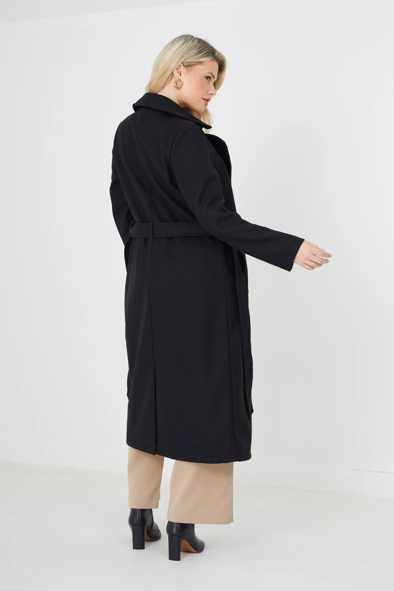 BLACK FAUX WOOL DOUBLE BREASTED MAXI JACKET