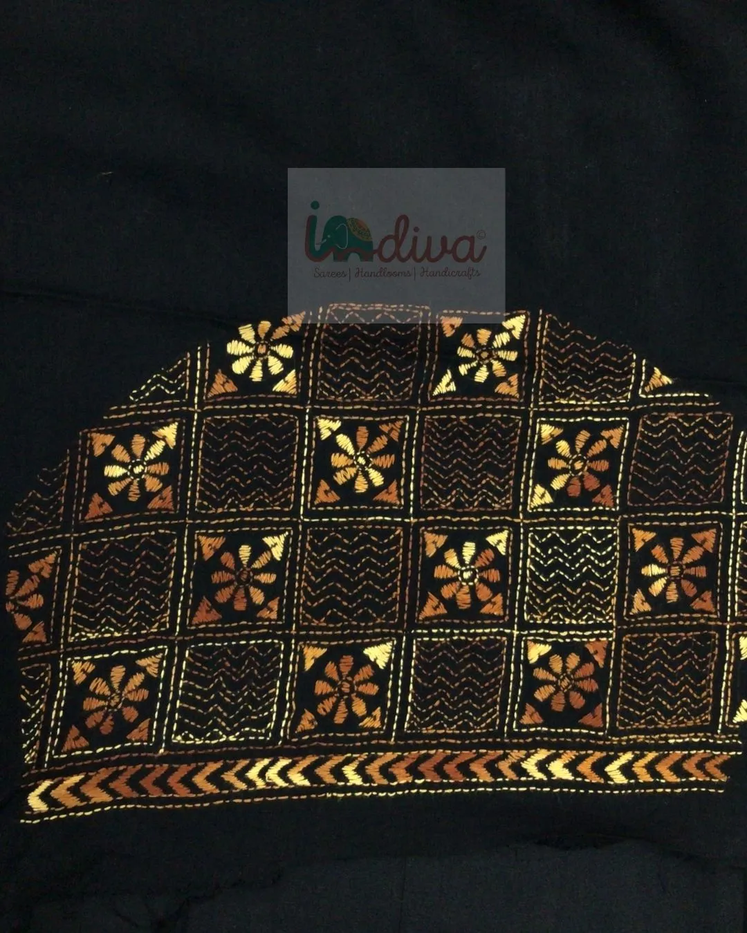 Black Kantha Blouse Piece with White & Orange Motifs