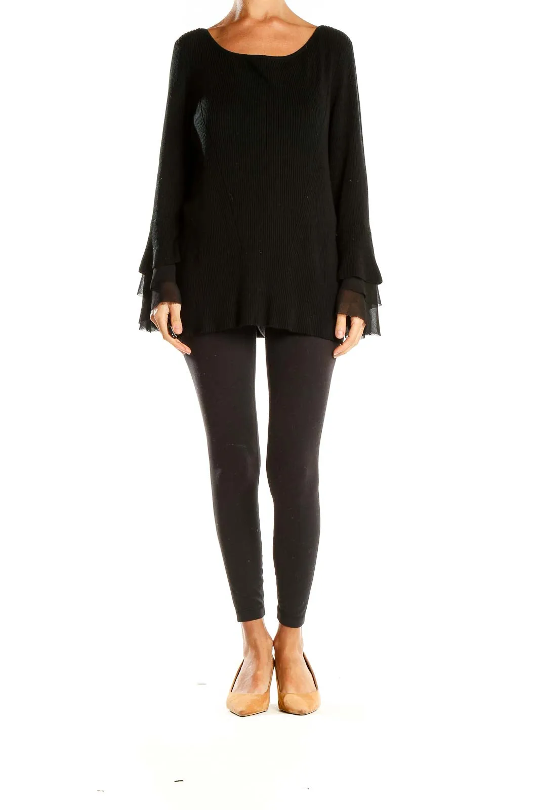 Black Ribbed Knit Sweater with Sheer Cuffs