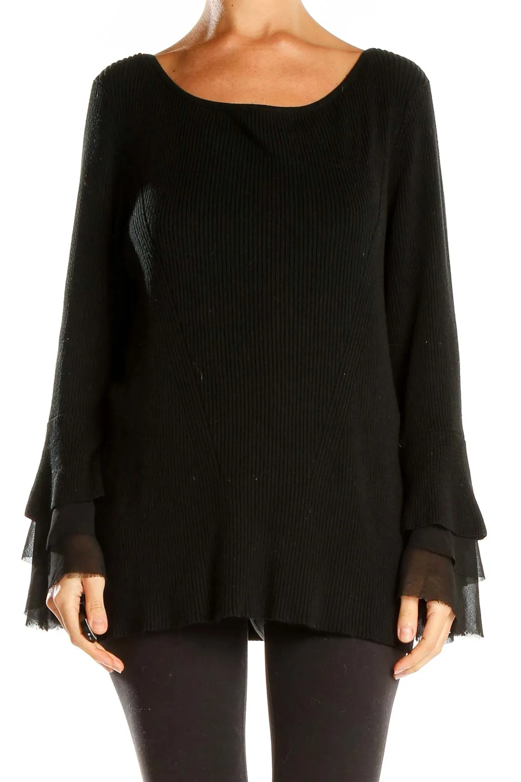 Black Ribbed Knit Sweater with Sheer Cuffs