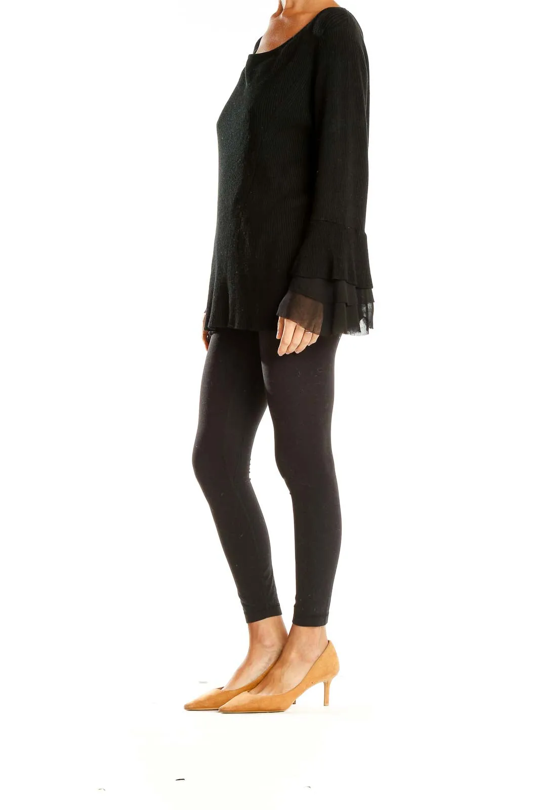 Black Ribbed Knit Sweater with Sheer Cuffs