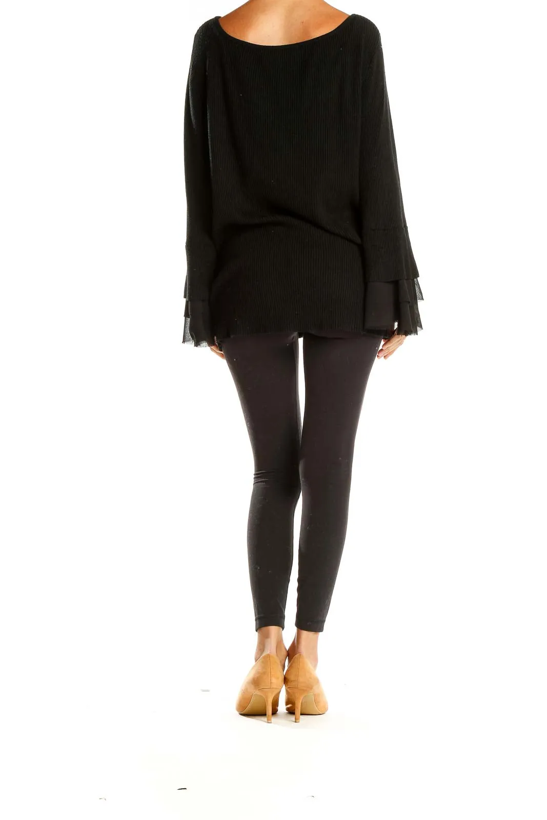 Black Ribbed Knit Sweater with Sheer Cuffs