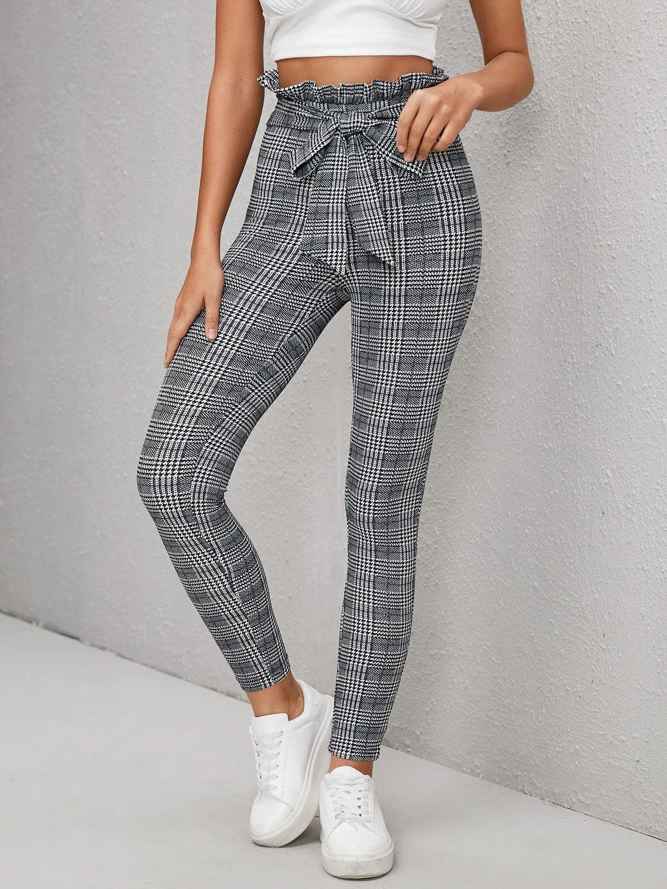 Black White Houndstooth Print Paperbag Waist Belted Skinny Pants