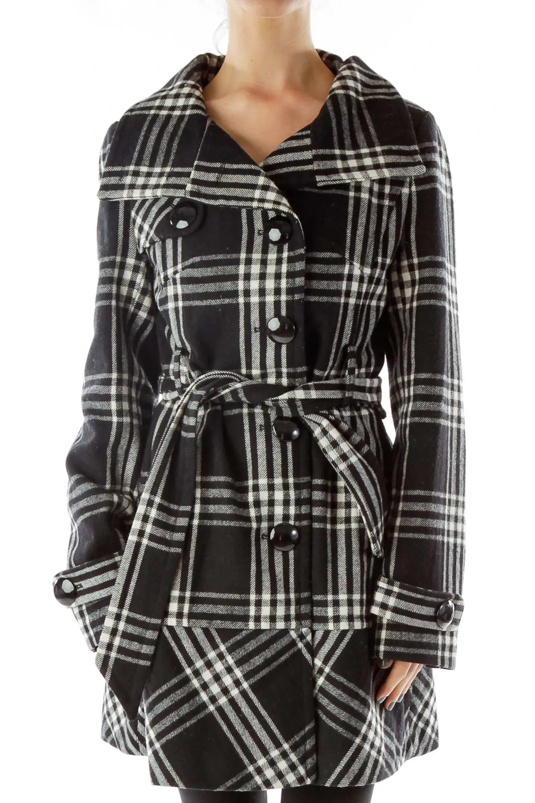 Black White Plaid Pea Coat