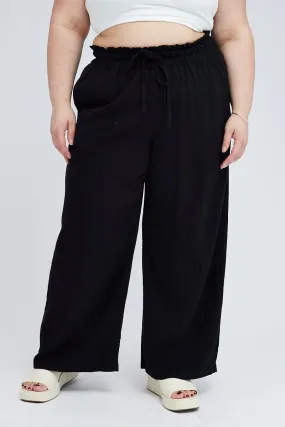 Black Wideleg Pants Paperbag Elastic Waist Linen Blend