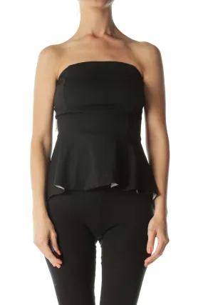 Black/Cream Strapless High-Low Peplum Top with Inside-Stick-On-Trim Aid