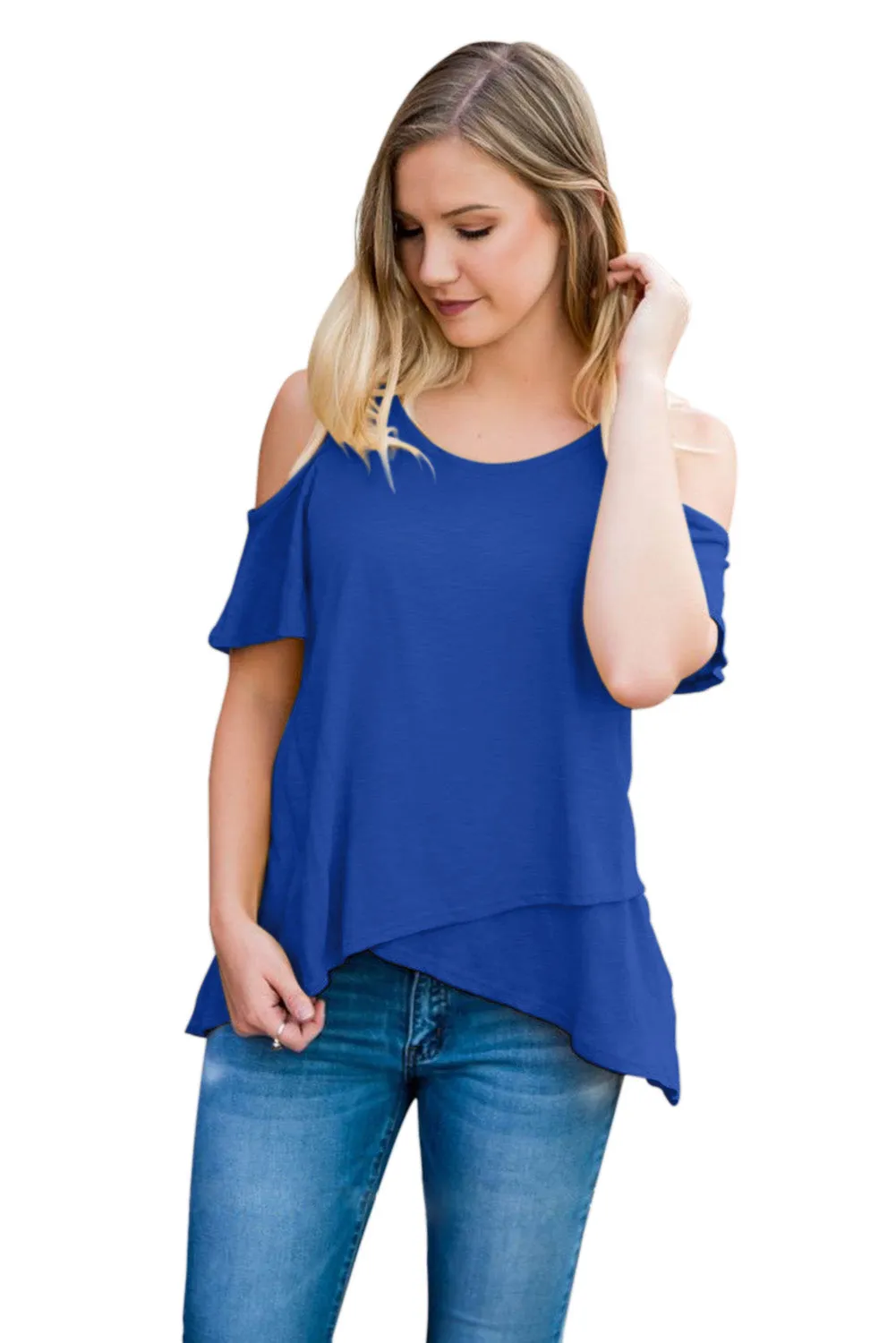 Blue Cold Shoulder High Low Top