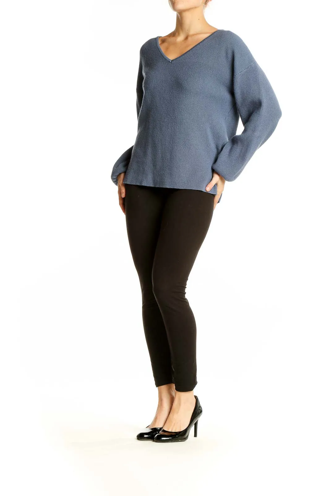 Blue Ribbed V-Neck Sweater