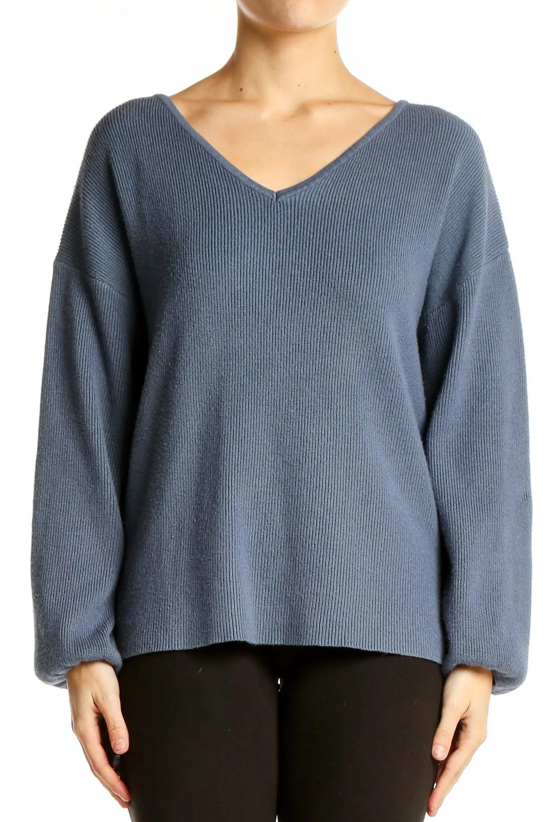 Blue Ribbed V-Neck Sweater