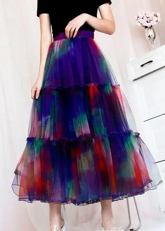 Bohemian Blue Ruffled Tie Dye Tulle Skirt Spring HA1038