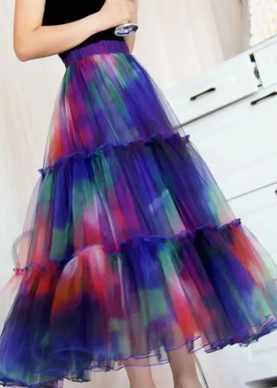 Bohemian Blue Ruffled Tie Dye Tulle Skirt Spring HA1038