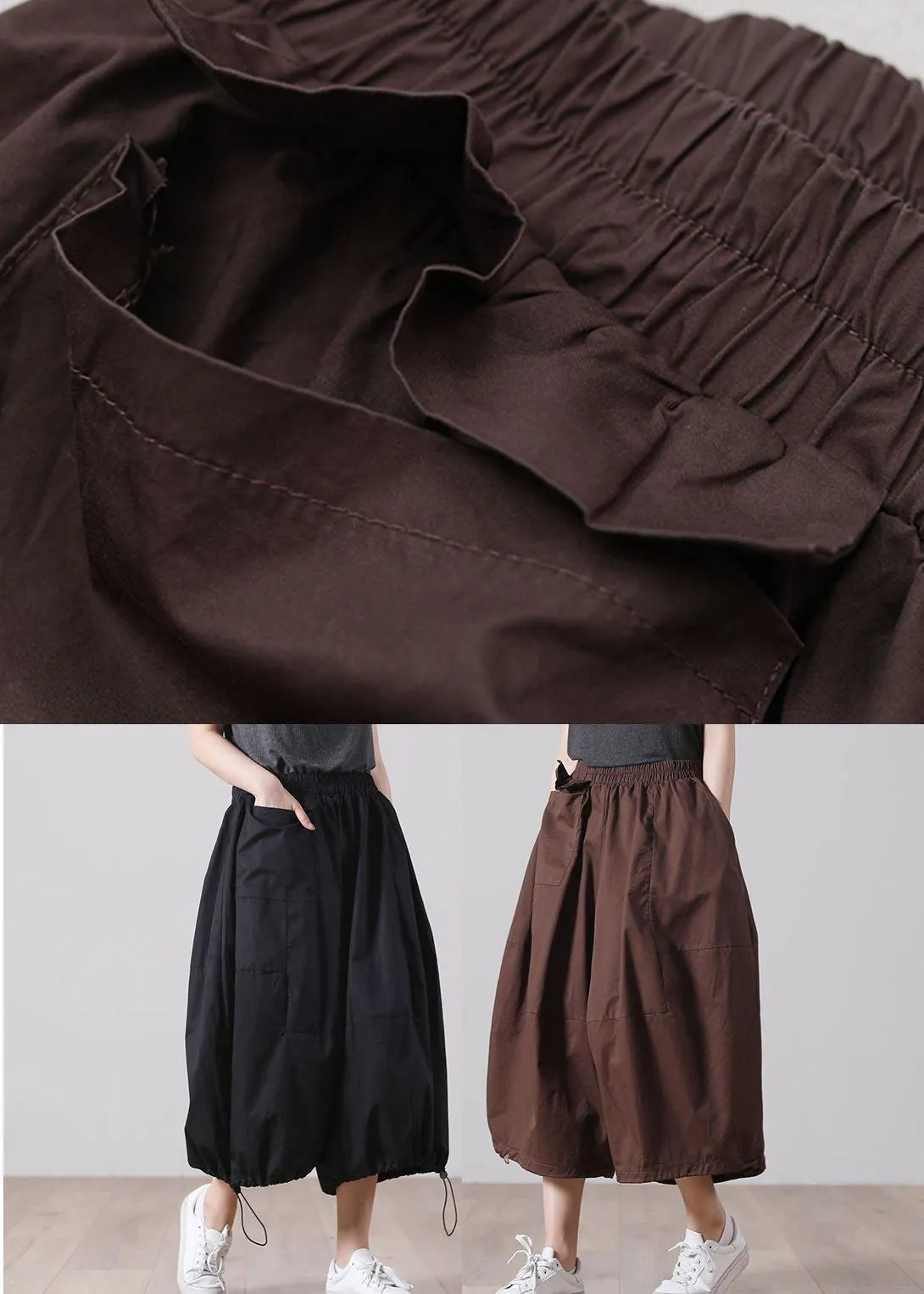 Chic Chocolate Elastic Waist Wide Leg Pants Trousers Cotton