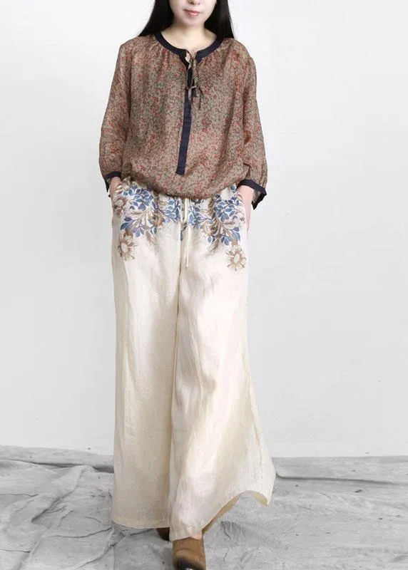 Chic Nude Print Elastic Waist Linen Pants