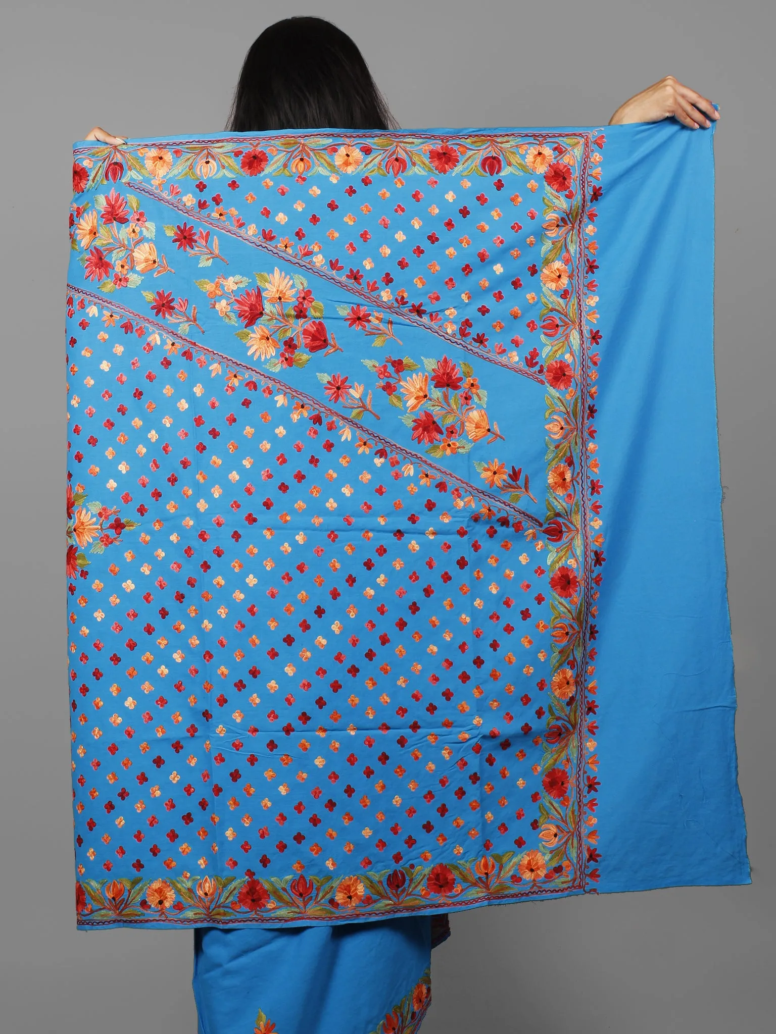 Cobalt Blue Brown Red Orange Aari Embroidered Cotton Saree From Kashmir  - S031702168