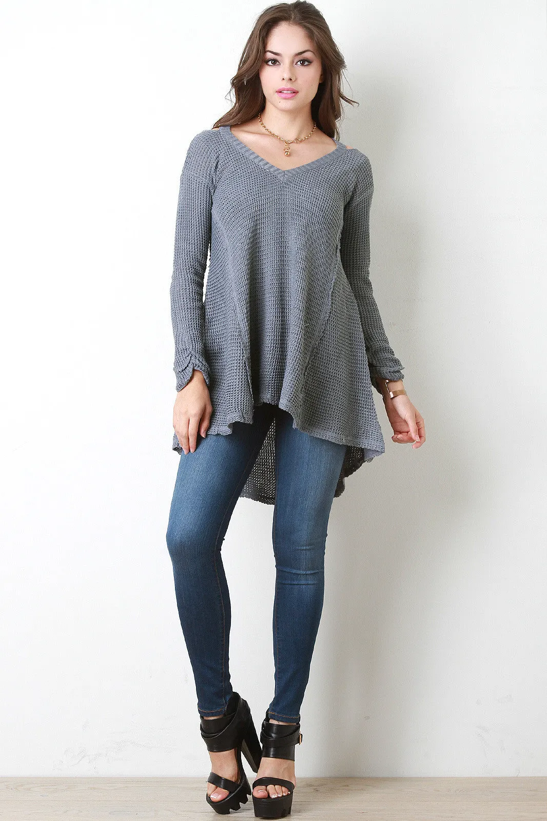 Cold Shoulder Slit High Low Sweater Top