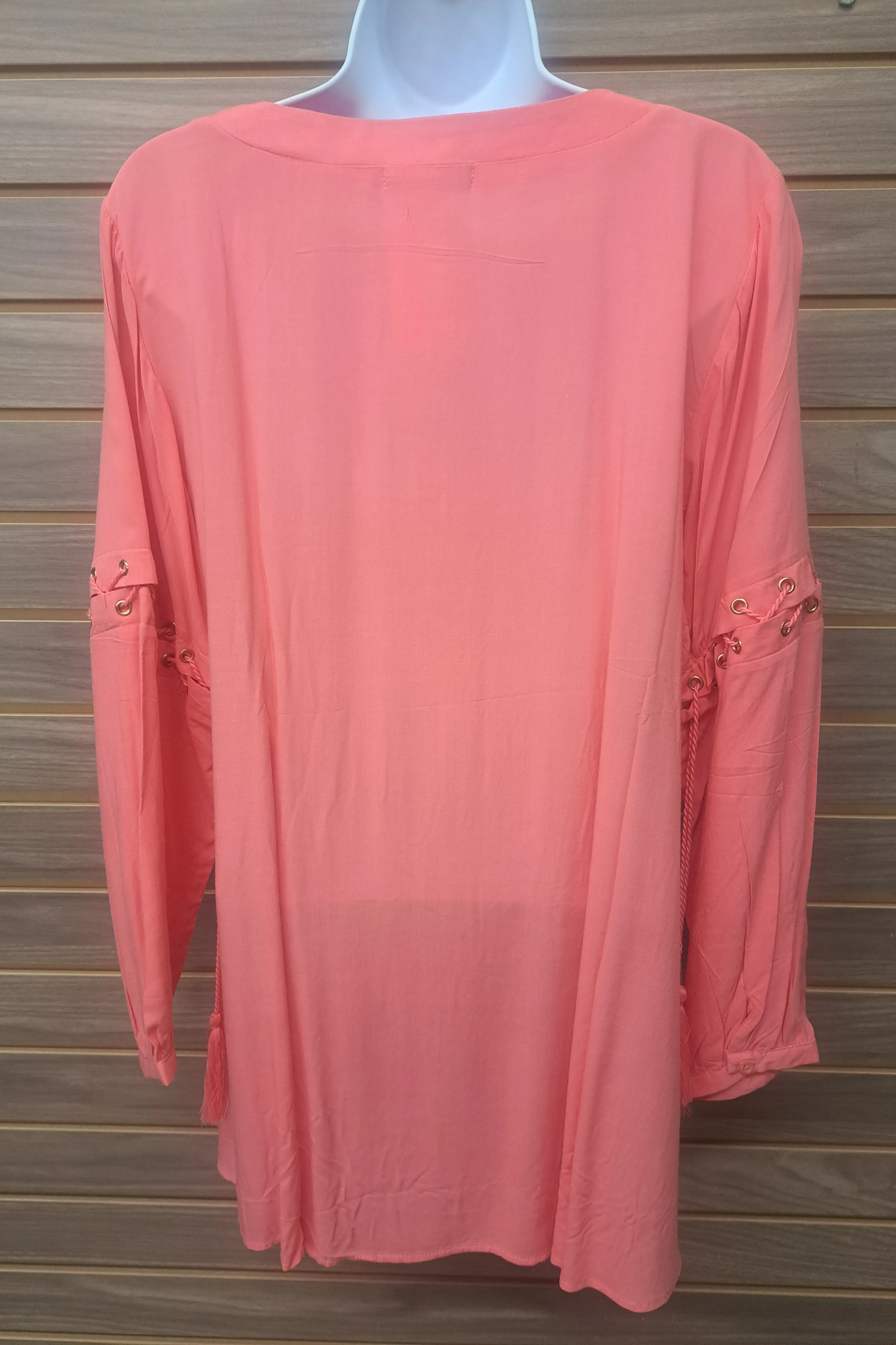 Coral embroideRed tunic w/shoe lace sleeve