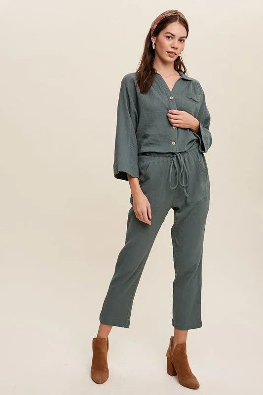 Cotton Gauze Button Down Shirt and Paperbag Pants Set