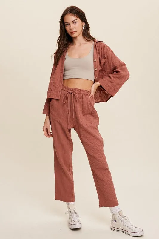 Cotton Gauze Button Down Shirt and Paperbag Pants Set