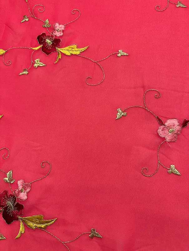 Dark Pink Embroidered Floral Chiffon Fabric