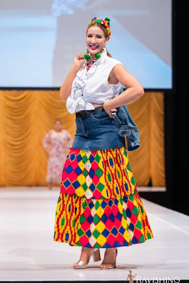 Diamonds Ankara Ruffles Skirt with Vintage Denim - SFH Designs Original