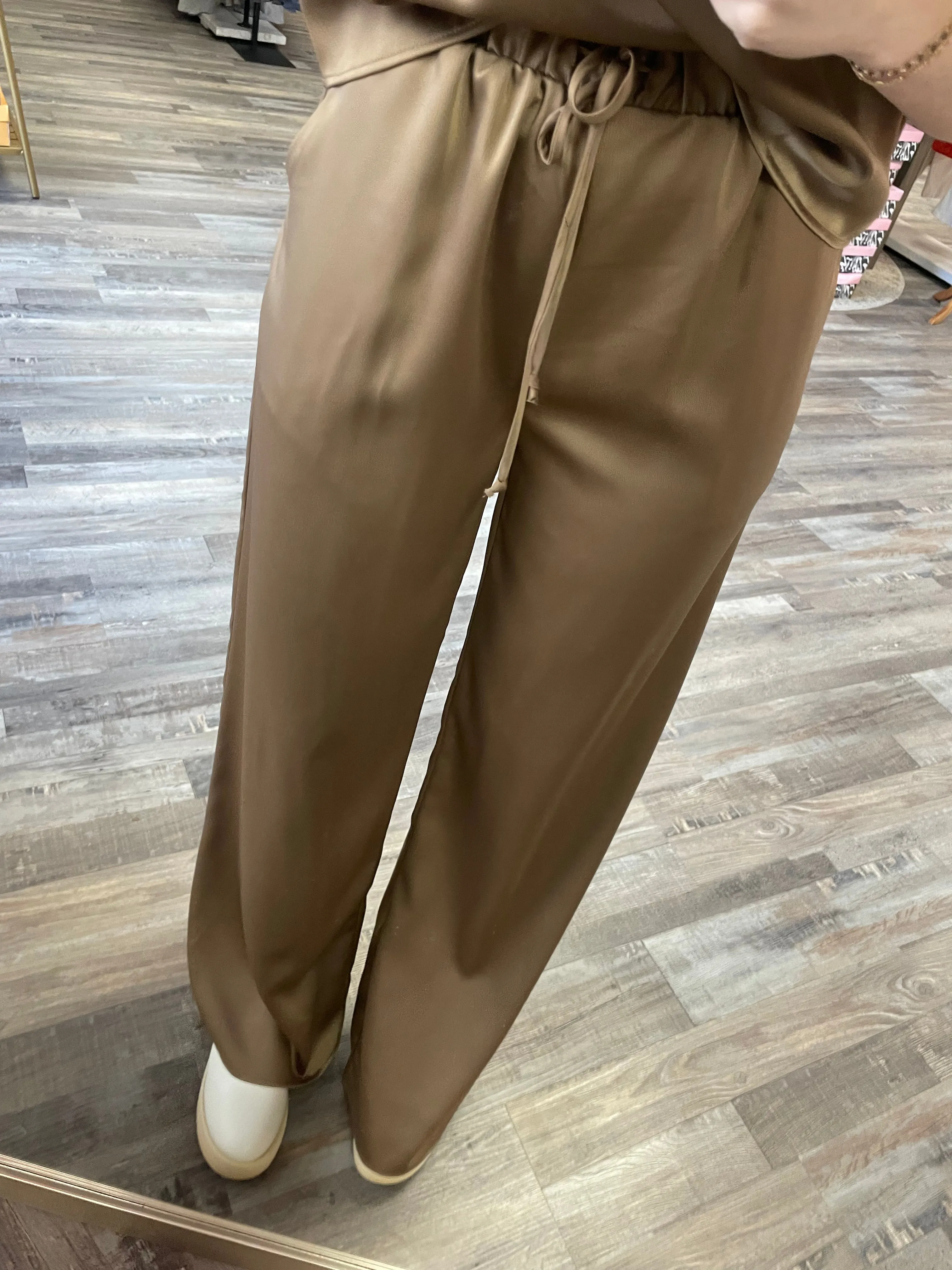 Elastic Waist Satin Pants - Coffee