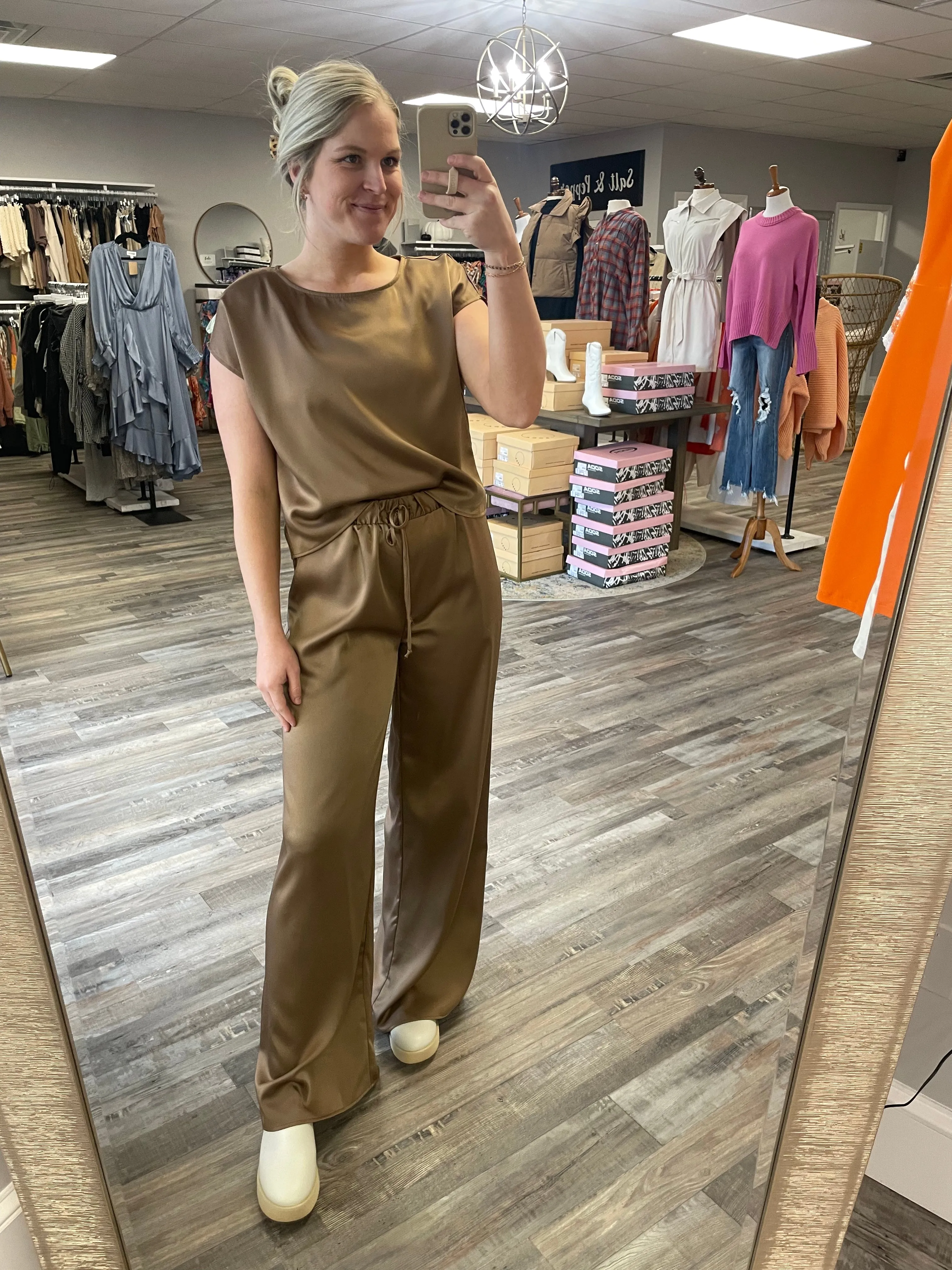 Elastic Waist Satin Pants - Coffee