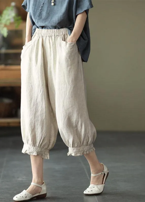 Fitted Green Elastic Waist Pockets Harem Pants Linen