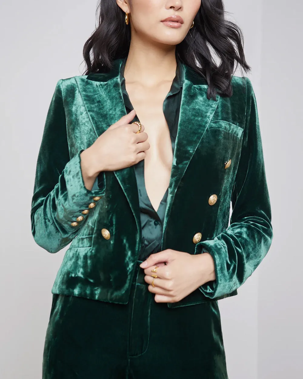 Forest Green Velvet Double Breasted Brooke Crop Blazer