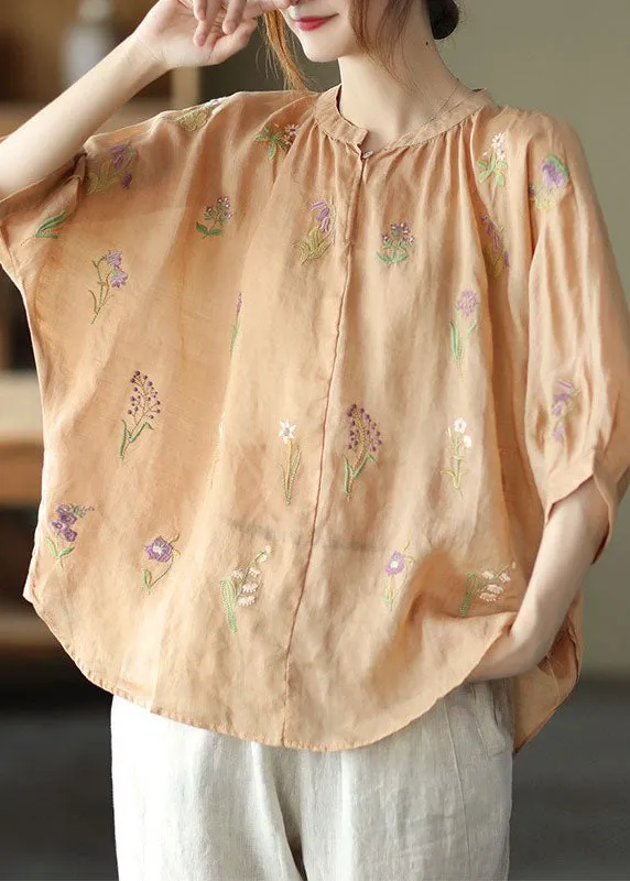 French Orange low high design O-Neck Embroideried Linen Tops Half Sleeve