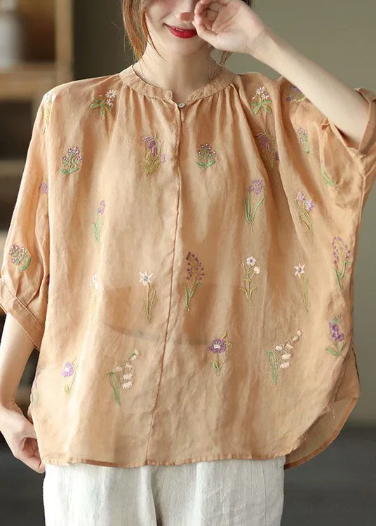 French Orange low high design O-Neck Embroideried Linen Tops Half Sleeve