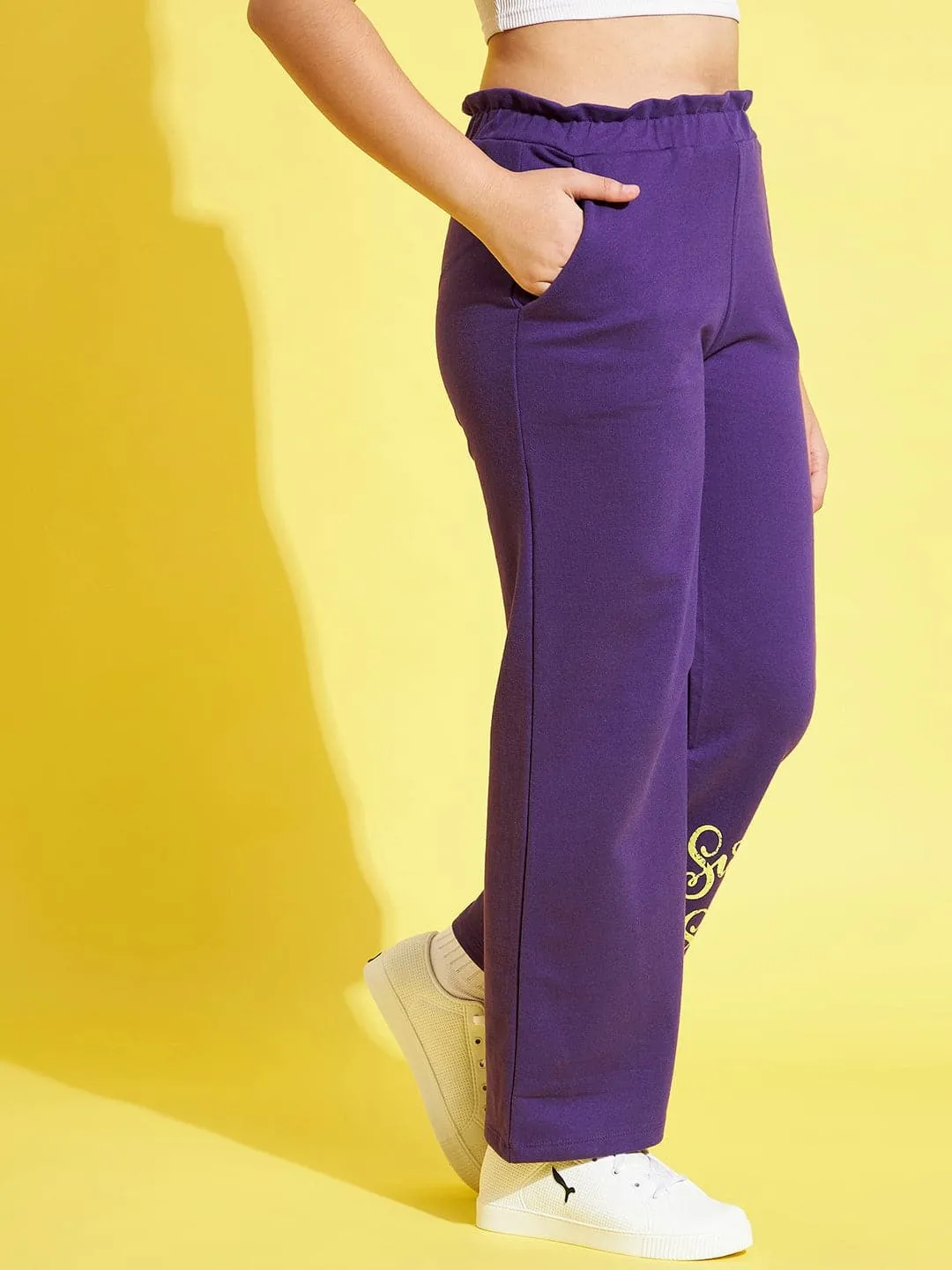 Girls Purple Terry Sweet & Sassy Paperbag Track Pants - Lyush Kids