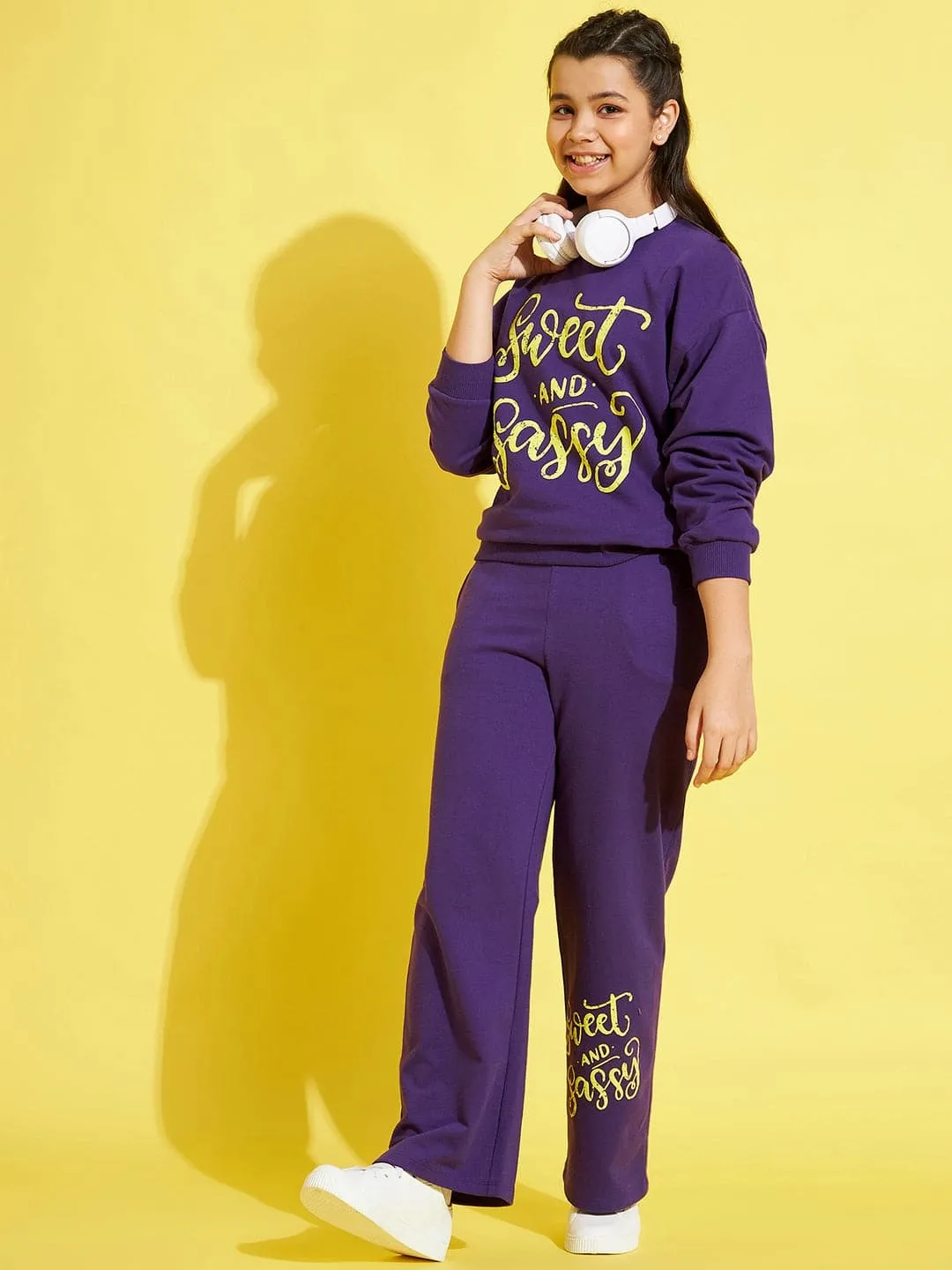 Girls Purple Terry Sweet & Sassy Paperbag Track Pants - Lyush Kids