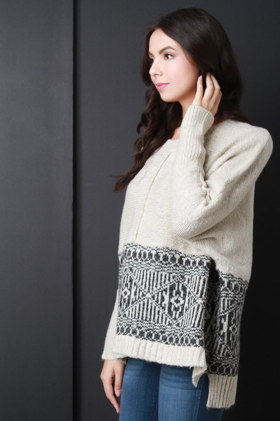 Half Patterned Boxy High-Low Sweater