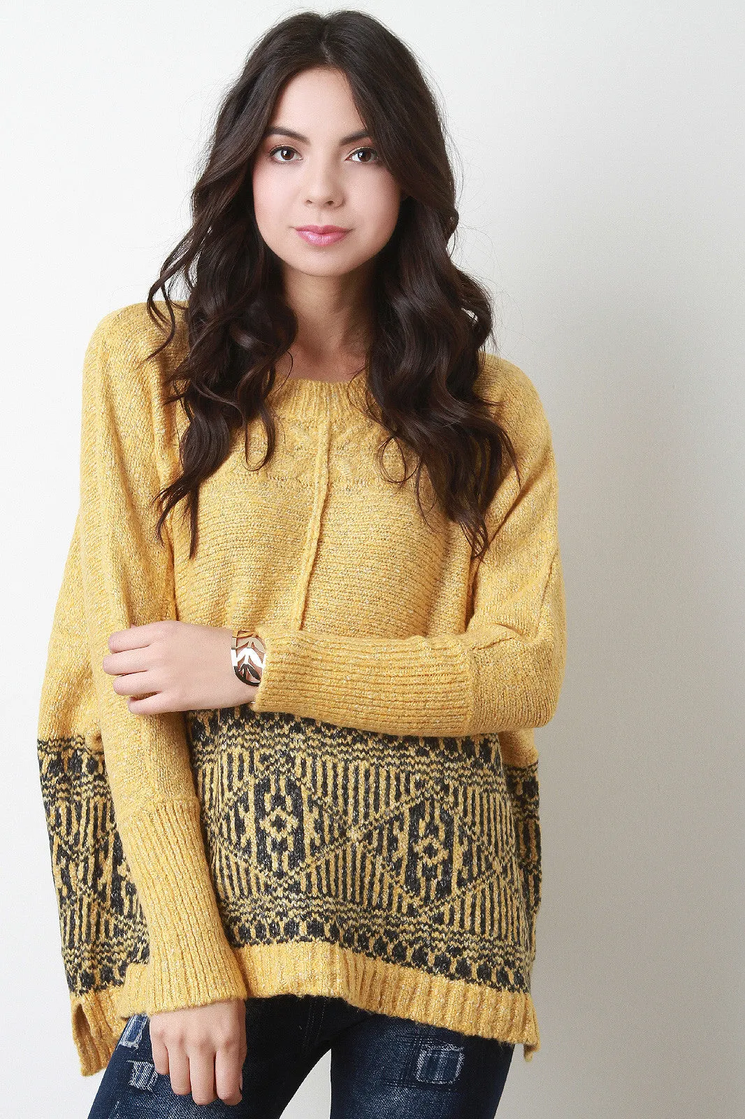 Half Patterned Boxy High-Low Sweater