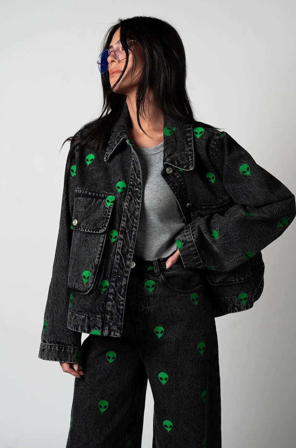 I Need Space Embroidered Alien Denim Jacket