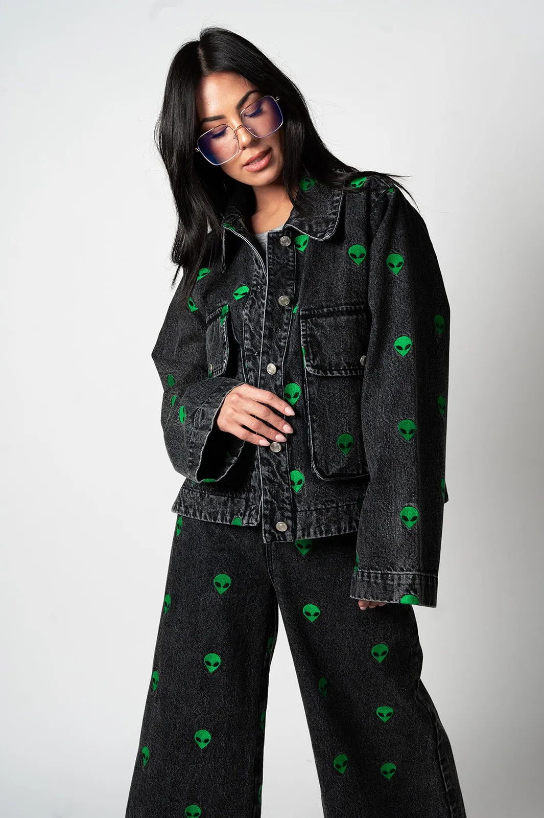 I Need Space Embroidered Alien Denim Jacket