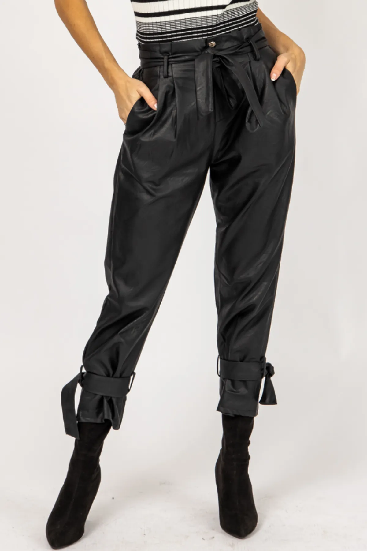 LEATHER PLEATED ANKLE TIE PANTS