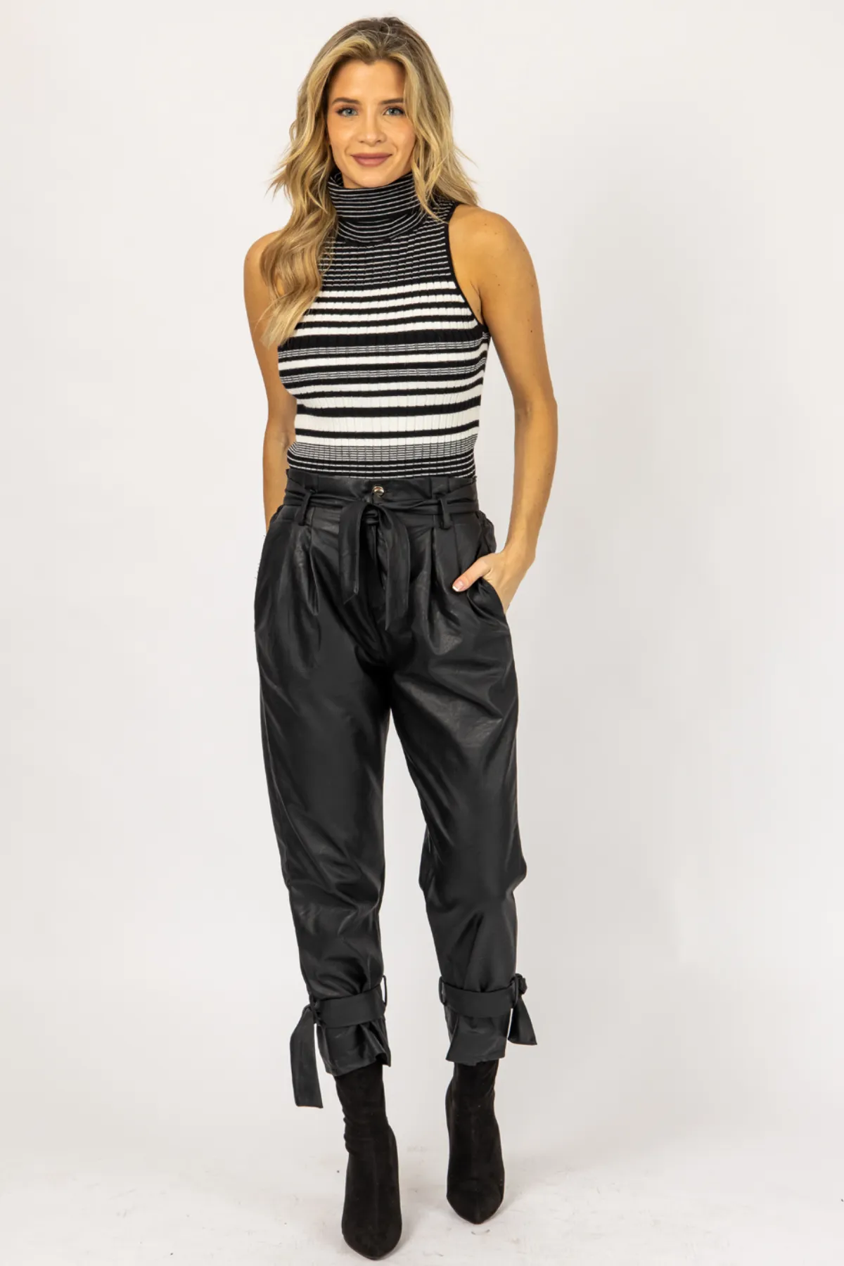 LEATHER PLEATED ANKLE TIE PANTS