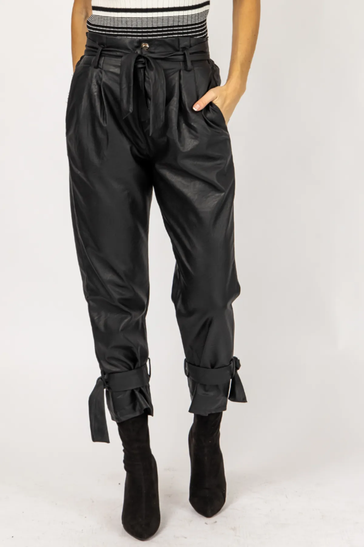 LEATHER PLEATED ANKLE TIE PANTS