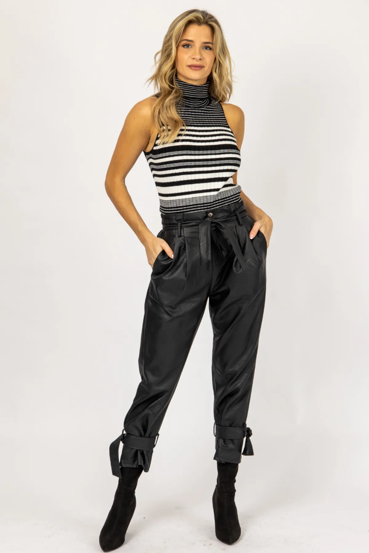 LEATHER PLEATED ANKLE TIE PANTS